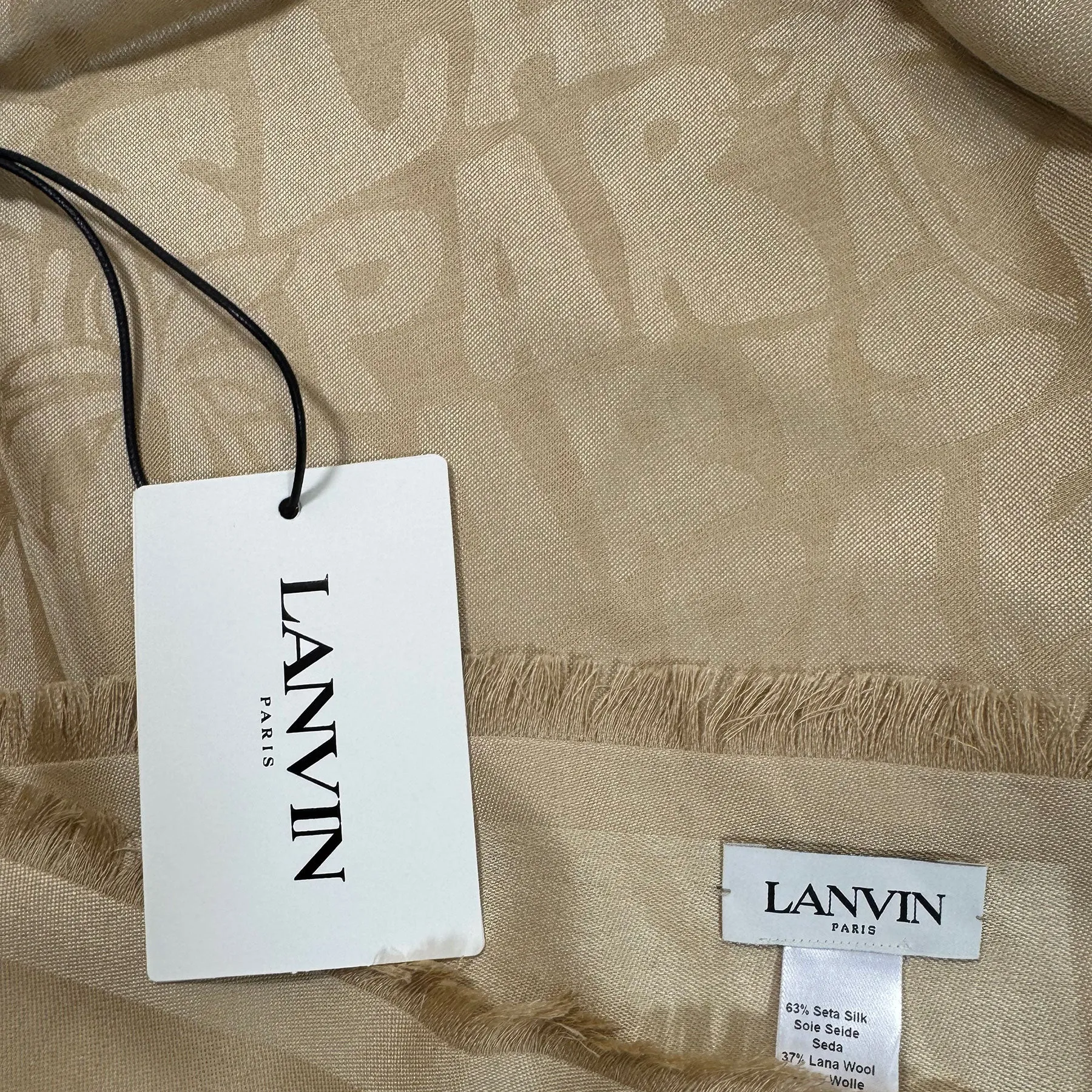 Lanvin Scarf Taupe Island Logo Design - Extra Large Square Wool Silk Wrap
