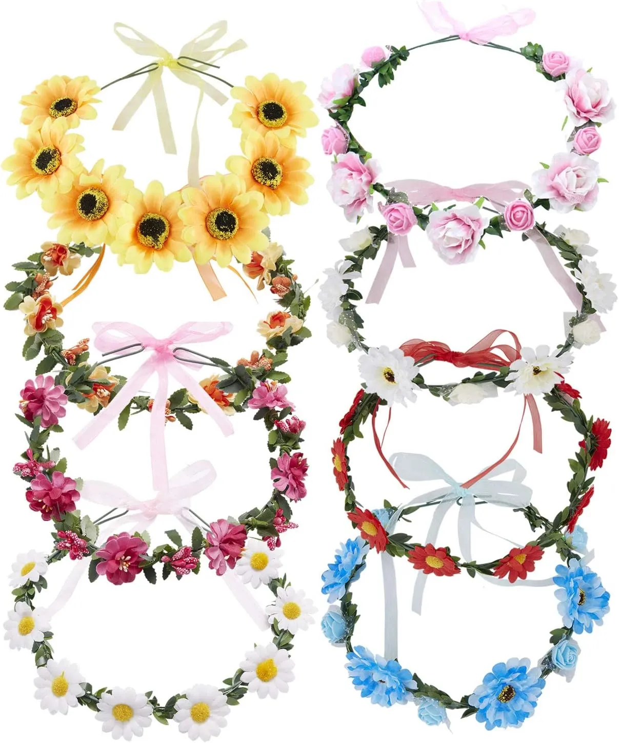 Lawie 8 Pack Boho Flower Crowns Floral Wreath With Ribbon Halo Headbands Garland Wedding Bridal Bridesmaid Headpiece Tiara Sunflower Daisy Rose Hairbands Hawaiian Party Accessories for Kids Women Girl