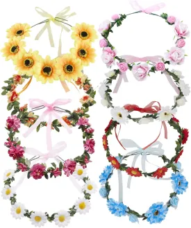 Lawie 8 Pack Boho Flower Crowns Floral Wreath With Ribbon Halo Headbands Garland Wedding Bridal Bridesmaid Headpiece Tiara Sunflower Daisy Rose Hairbands Hawaiian Party Accessories for Kids Women Girl
