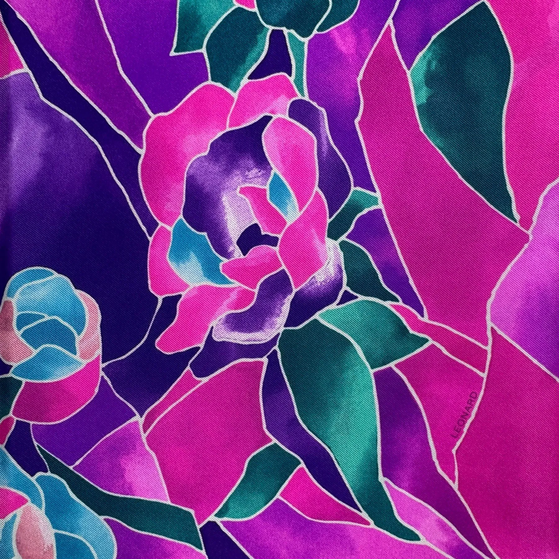 Leonard Paris Scarf Pink Turquoise Purple Floral - Twill Silk Square Foulard