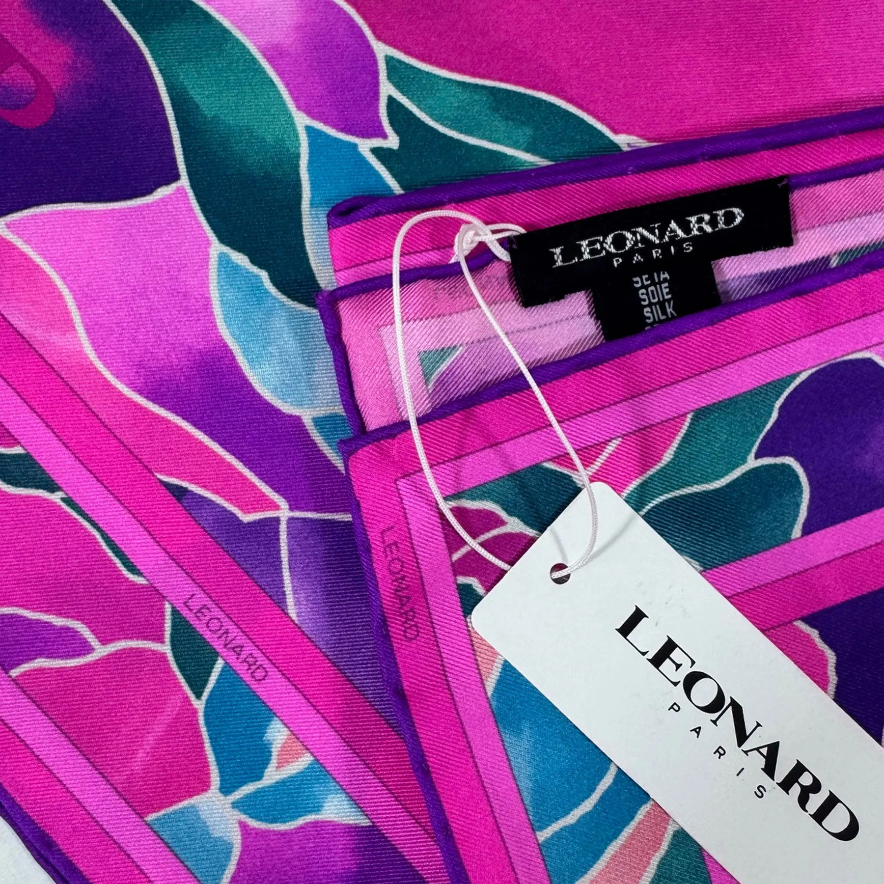 Leonard Paris Scarf Pink Turquoise Purple Floral - Twill Silk Square Foulard