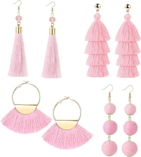 LOYALLOOK 4Pairs Tassel Earrings For Women Fan Shape Tassel Earrings Long Thread Tassel Earrings Bohemian Fringe Drop Handmade Earrings