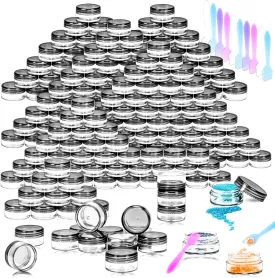 MotBach 100 Pcs 5g Empty Plastic Containers with Black Lids,Mini Makeup Sample Containers, Small Sample Pot Jars Round Cosmetic Jars with Mini Spatulas for Liquid Sample Powder Creams Lotions