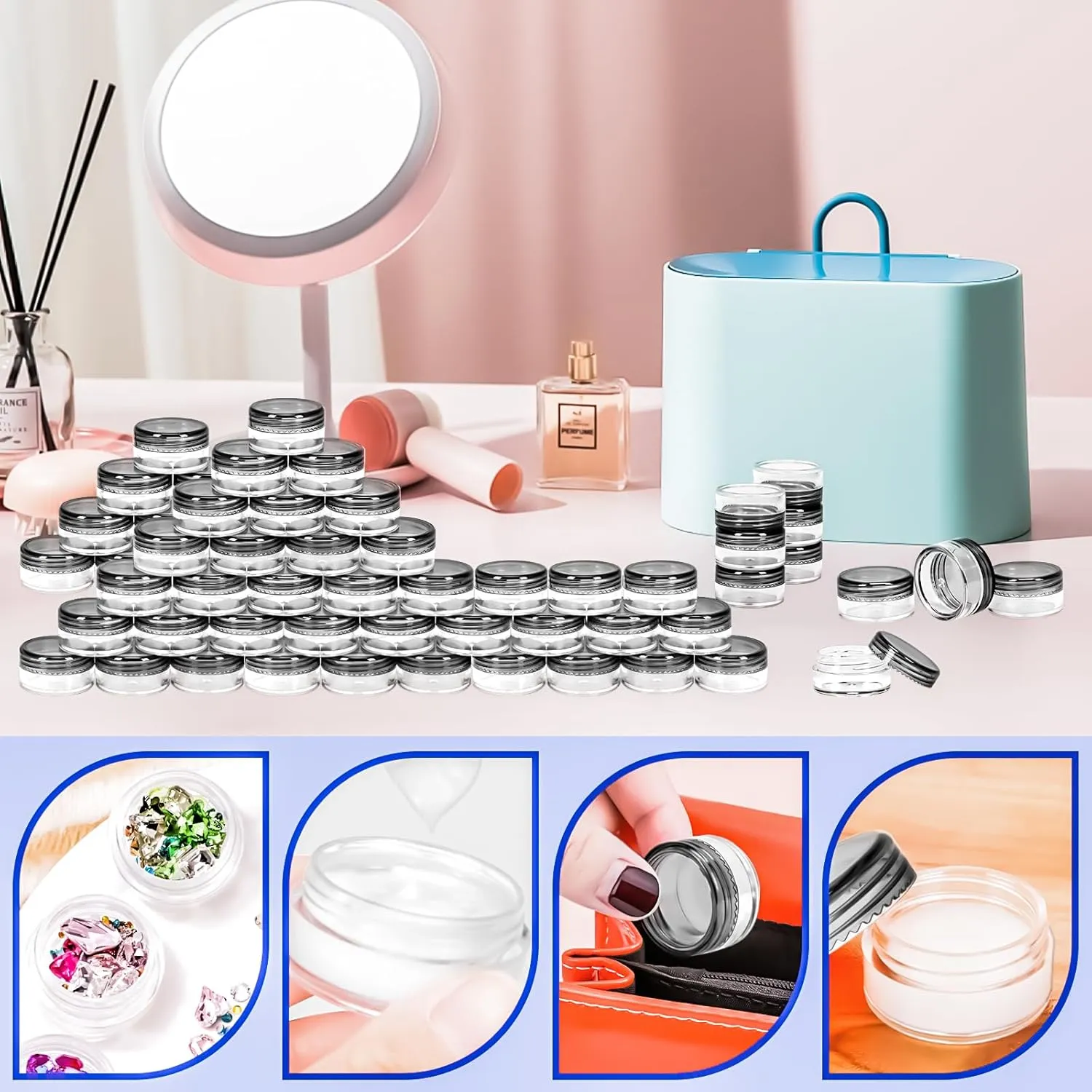 MotBach 100 Pcs 5g Empty Plastic Containers with Black Lids,Mini Makeup Sample Containers, Small Sample Pot Jars Round Cosmetic Jars with Mini Spatulas for Liquid Sample Powder Creams Lotions