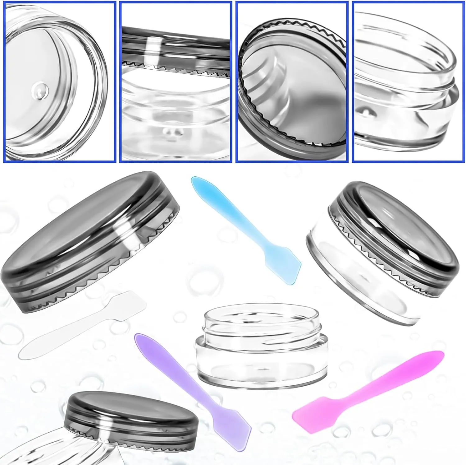 MotBach 100 Pcs 5g Empty Plastic Containers with Black Lids,Mini Makeup Sample Containers, Small Sample Pot Jars Round Cosmetic Jars with Mini Spatulas for Liquid Sample Powder Creams Lotions