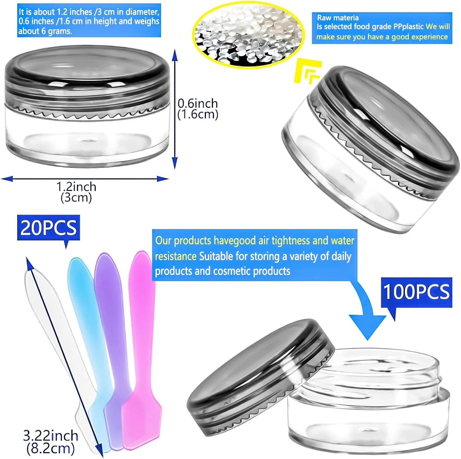MotBach 100 Pcs 5g Empty Plastic Containers with Black Lids,Mini Makeup Sample Containers, Small Sample Pot Jars Round Cosmetic Jars with Mini Spatulas for Liquid Sample Powder Creams Lotions