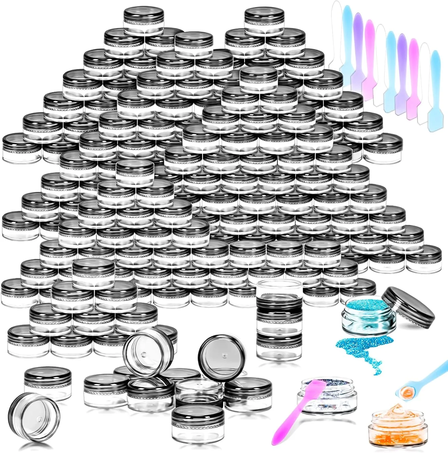 MotBach 100 Pcs 5g Empty Plastic Containers with Black Lids,Mini Makeup Sample Containers, Small Sample Pot Jars Round Cosmetic Jars with Mini Spatulas for Liquid Sample Powder Creams Lotions