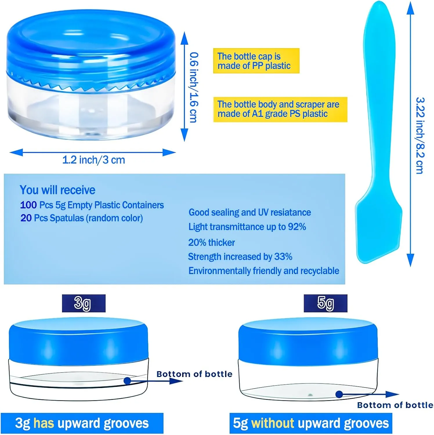 MotBach 100 Pcs 5g Empty Plastic Containers with Blue Lids,Mini Makeup Sample Containers, Small Sample Pot Jars Round Cosmetic Jars with Mini Spatulas for Liquid Sample Powder Creams Lotions