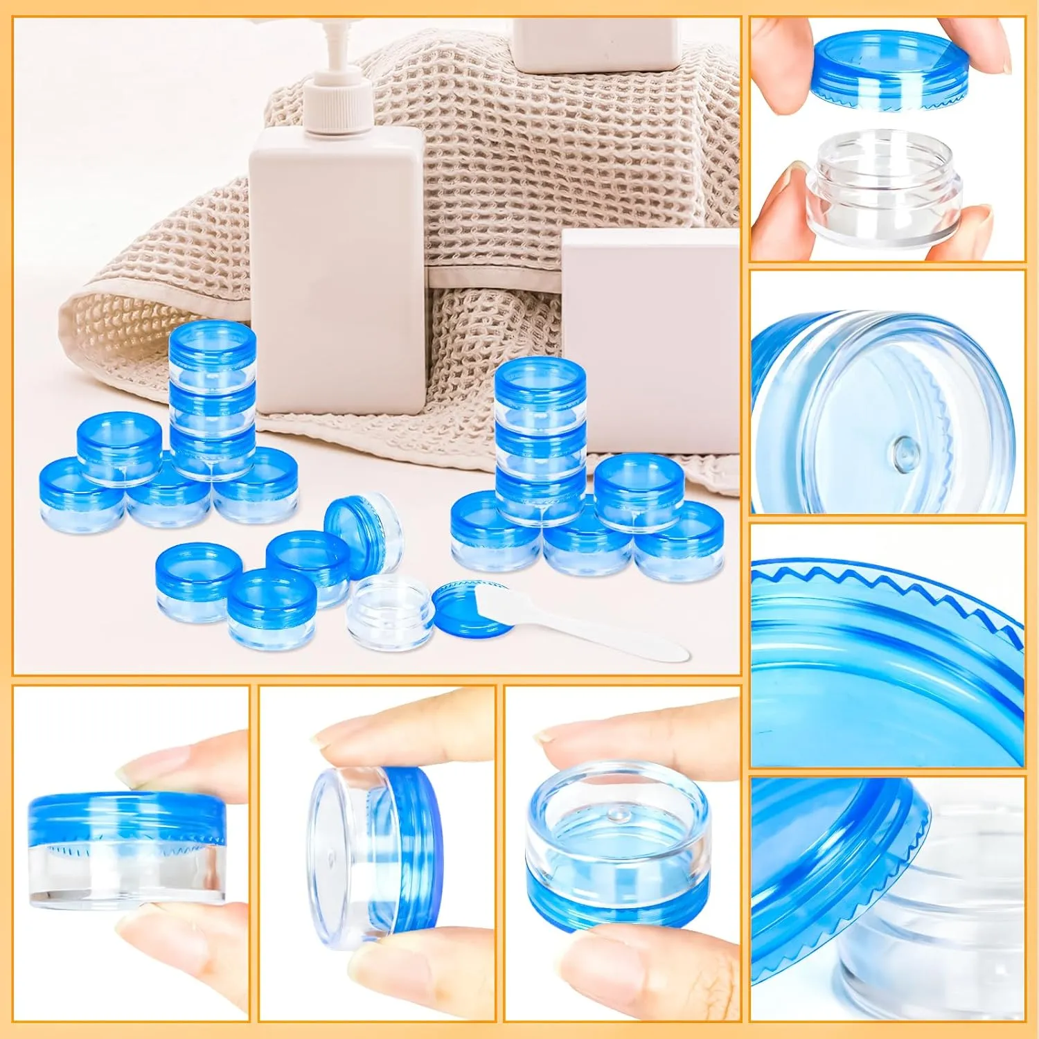 MotBach 100 Pcs 5g Empty Plastic Containers with Blue Lids,Mini Makeup Sample Containers, Small Sample Pot Jars Round Cosmetic Jars with Mini Spatulas for Liquid Sample Powder Creams Lotions