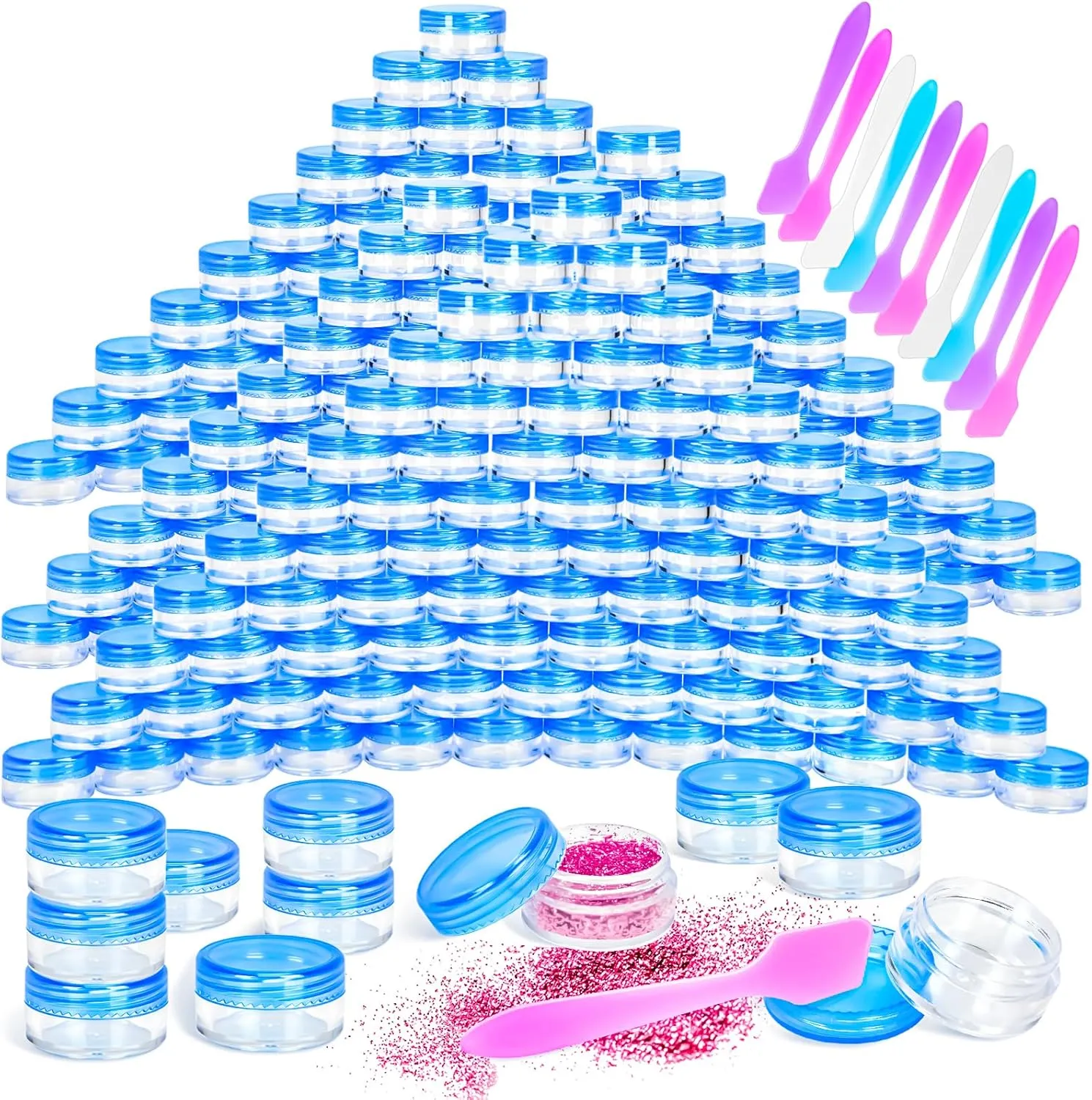MotBach 100 Pcs 5g Empty Plastic Containers with Blue Lids,Mini Makeup Sample Containers, Small Sample Pot Jars Round Cosmetic Jars with Mini Spatulas for Liquid Sample Powder Creams Lotions