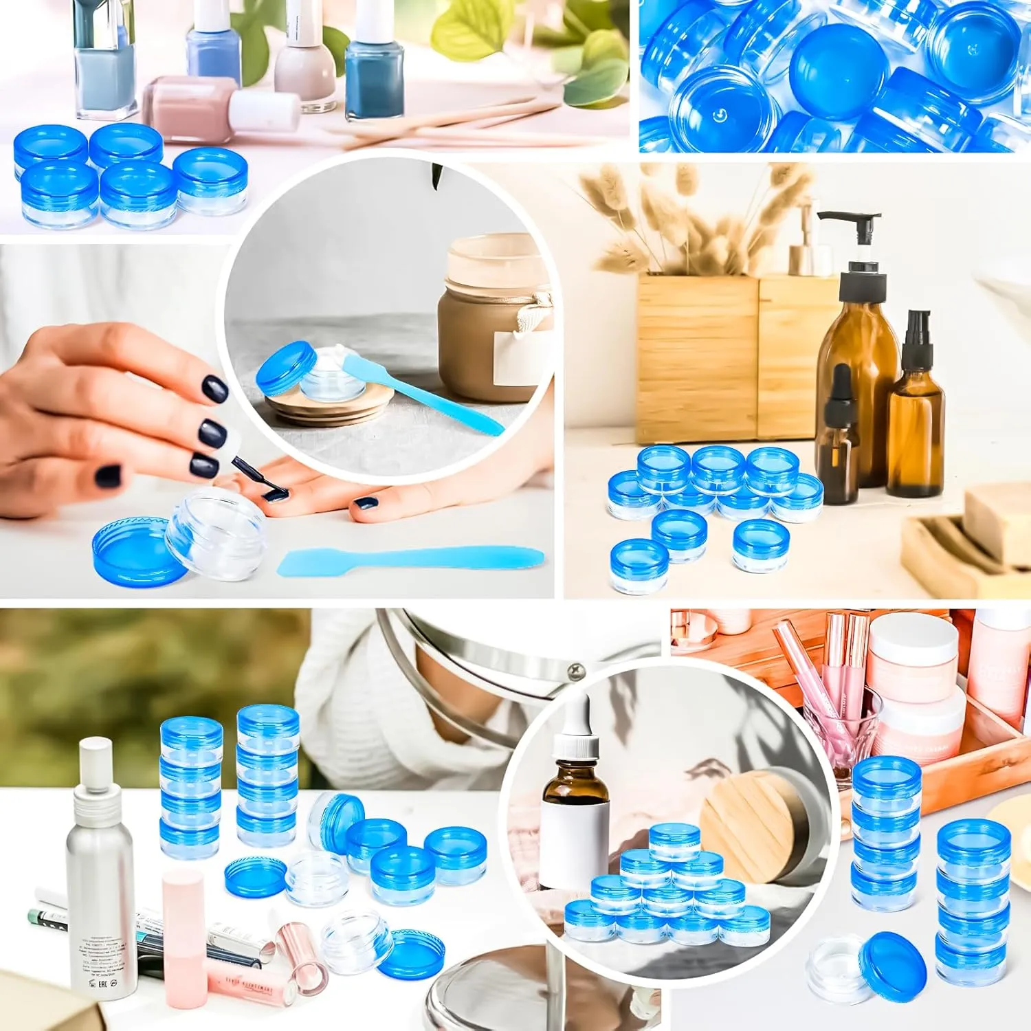 MotBach 100 Pcs 5g Empty Plastic Containers with Blue Lids,Mini Makeup Sample Containers, Small Sample Pot Jars Round Cosmetic Jars with Mini Spatulas for Liquid Sample Powder Creams Lotions