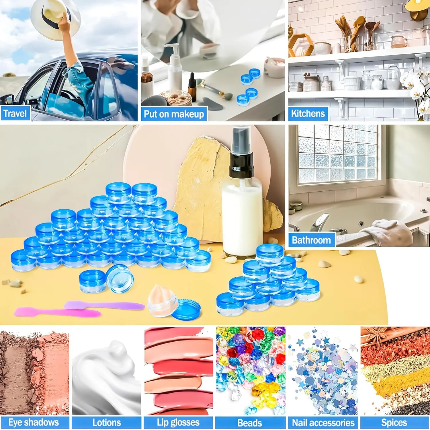 MotBach 100 Pcs 5g Empty Plastic Containers with Blue Lids,Mini Makeup Sample Containers, Small Sample Pot Jars Round Cosmetic Jars with Mini Spatulas for Liquid Sample Powder Creams Lotions