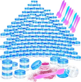MotBach 100 Pcs 5g Empty Plastic Containers with Blue Lids,Mini Makeup Sample Containers, Small Sample Pot Jars Round Cosmetic Jars with Mini Spatulas for Liquid Sample Powder Creams Lotions