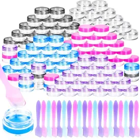 MotBach 100 Pcs 5g Empty Plastic Containers with Colored Lids,Mini Makeup Sample Containers, Small Sample Pot Jars Round Cosmetic Jars with Mini Spatulas for Liquid Sample Powder Creams Lotions