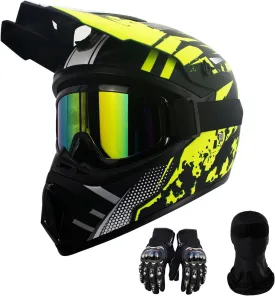 Motorcycle Dirt Bike Helmet Full Face Motocross Helmets for Outdoor Sports Off Road Racing Mountain Bike Men Women Off-Road Helmet Gloves Goggles for Adult Youth DOT/FMVSS 218 Approve