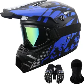 Motorcycle Dirt Bike Helmet Full Face Motocross Helmets for Outdoor Sports Off Road Racing Mountain Bike Men Women Off-Road Helmet Gloves Goggles for Adult Youth DOT/FMVSS 218 Approve