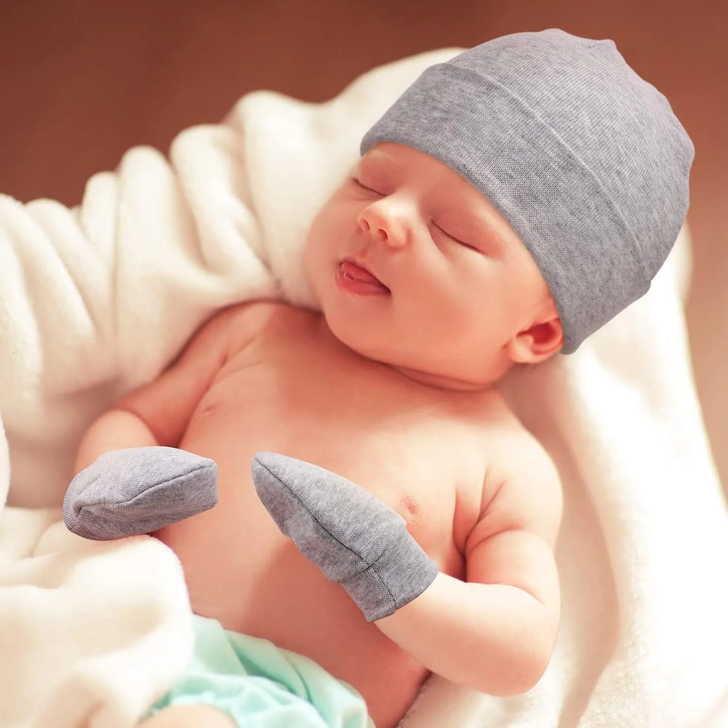 Newborn Baby Hats and Mittens Set Infant Beanie Cap Toddler Gloves Newborn Hospital Hats for Baby Boy Girl Kid 0-6 Months