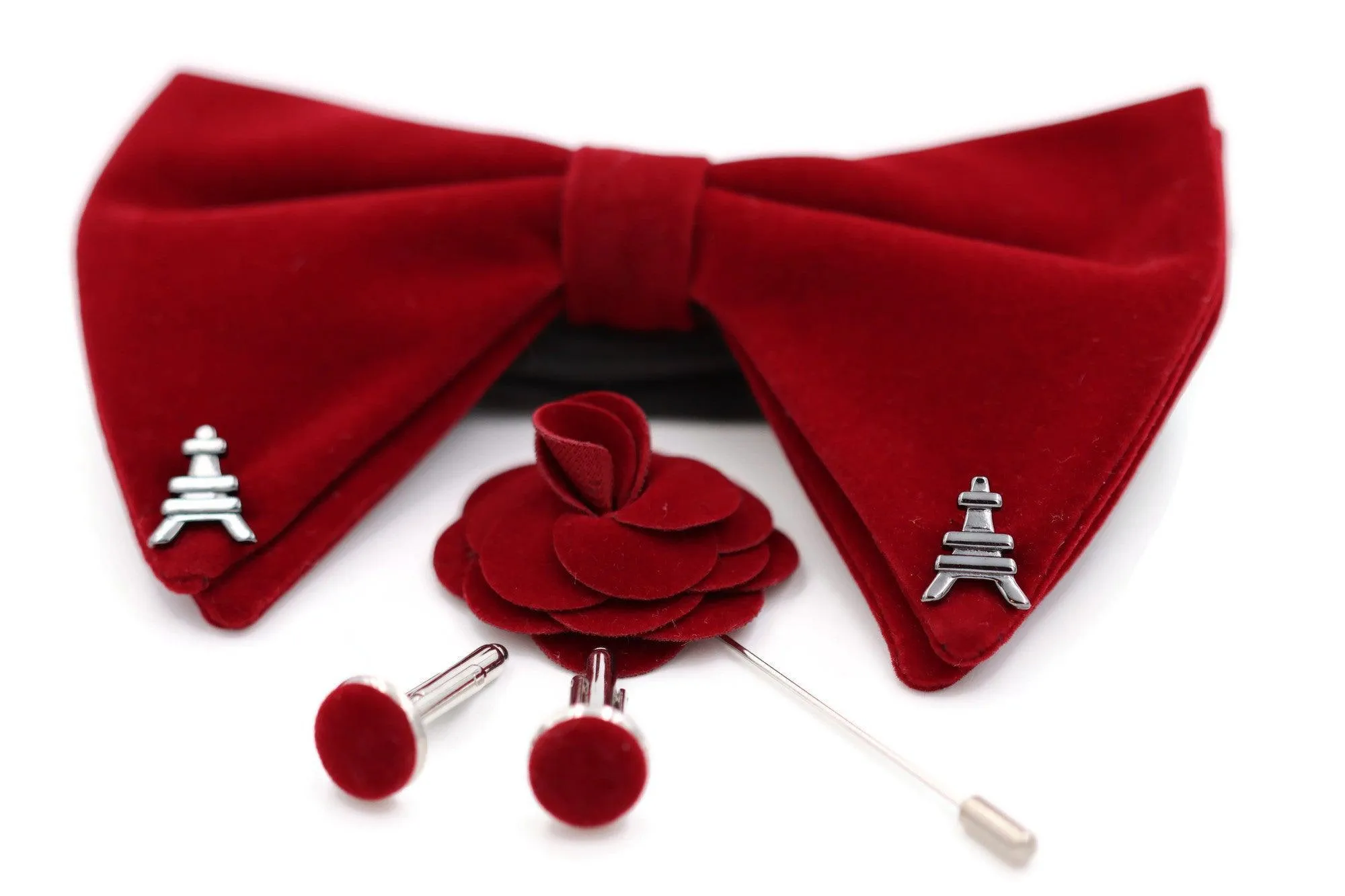 Paris Red Velvet Oversized bow tie with lapel flower pin and cufflinks set