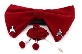 Paris Red Velvet Oversized bow tie with lapel flower pin and cufflinks set