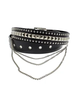 Pyramid & Conical Studded Black PU Belt with Hanging Chain