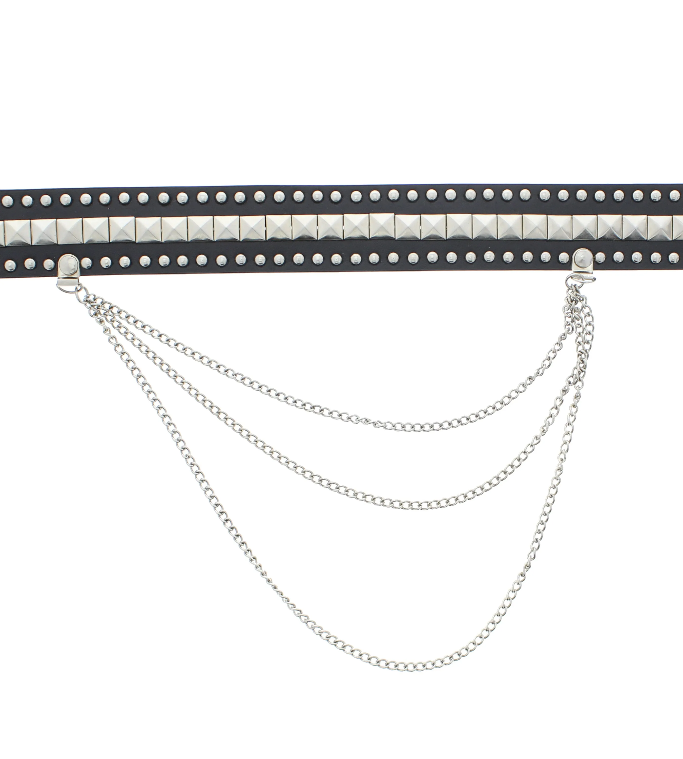 Pyramid & Conical Studded Black PU Belt with Hanging Chain