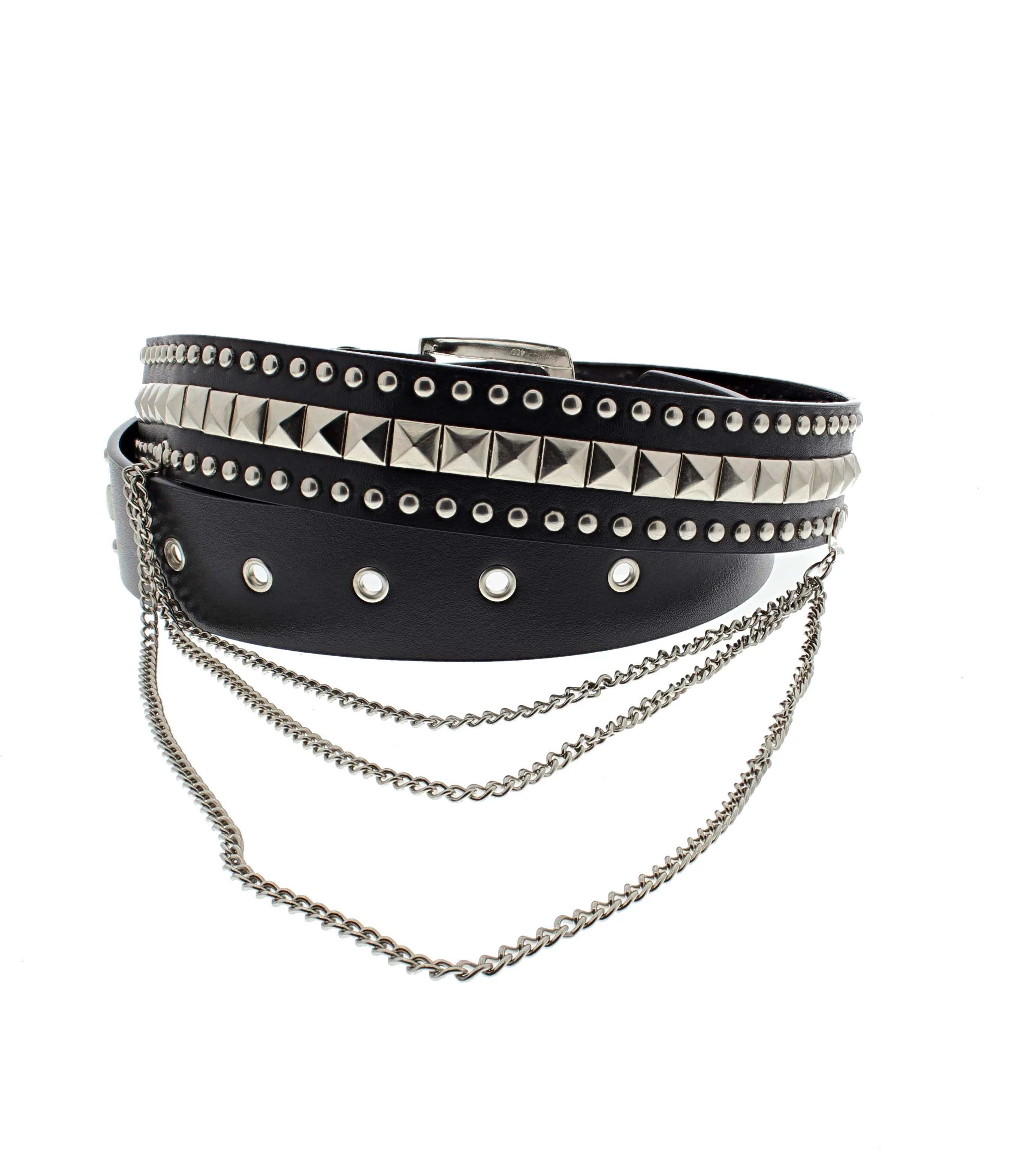 Pyramid & Conical Studded Black PU Belt with Hanging Chain