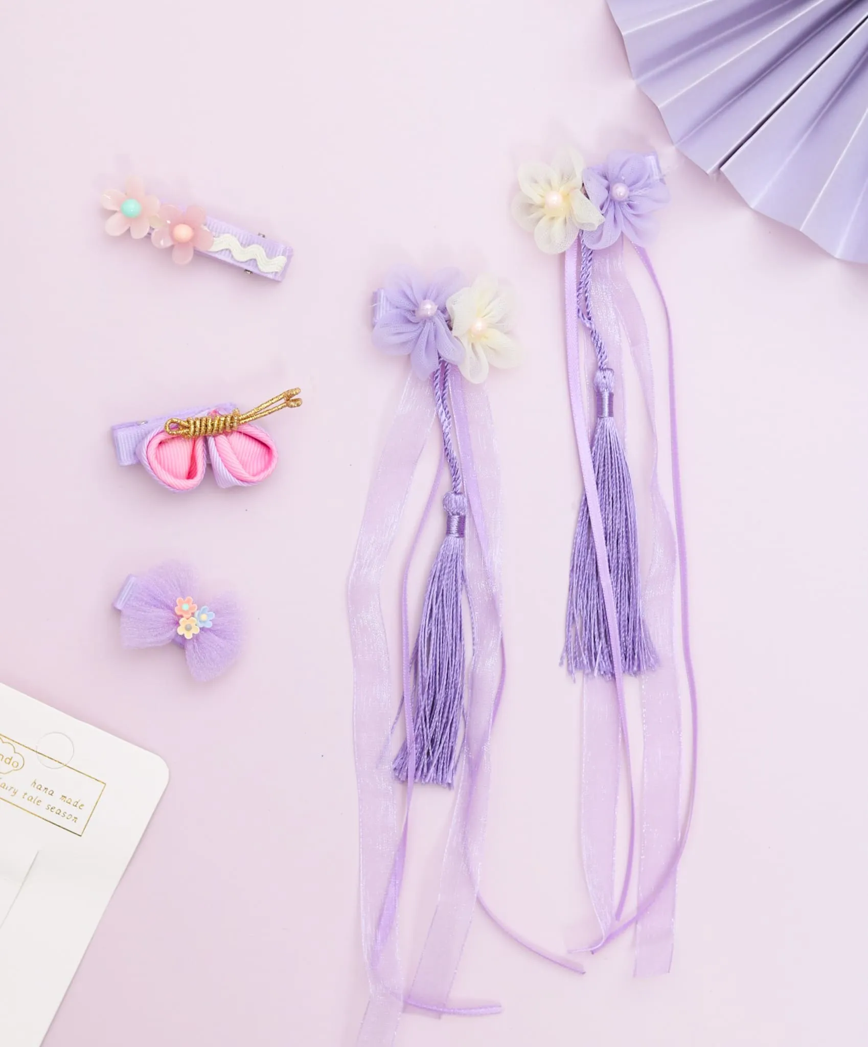 Set of 5 Purple & Pink Flower Embellished Bow Hair Clips for Girls