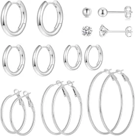 Stainless Steel Gold/Silver Plated Hoop Earrings for Women, Hypoallergenic 14k Gold Hoops Huggie Earrings Lightweight Cartilage Small CZ Ball Flatback Studs Earring Pack for Multiple Piercing