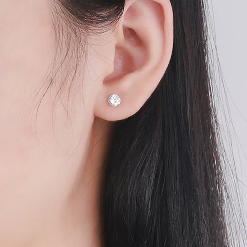 Sterling Silver and Zircon Four-claw Stud Earrings with Screw Backs