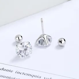 Sterling Silver and Zircon Four-claw Stud Earrings with Screw Backs