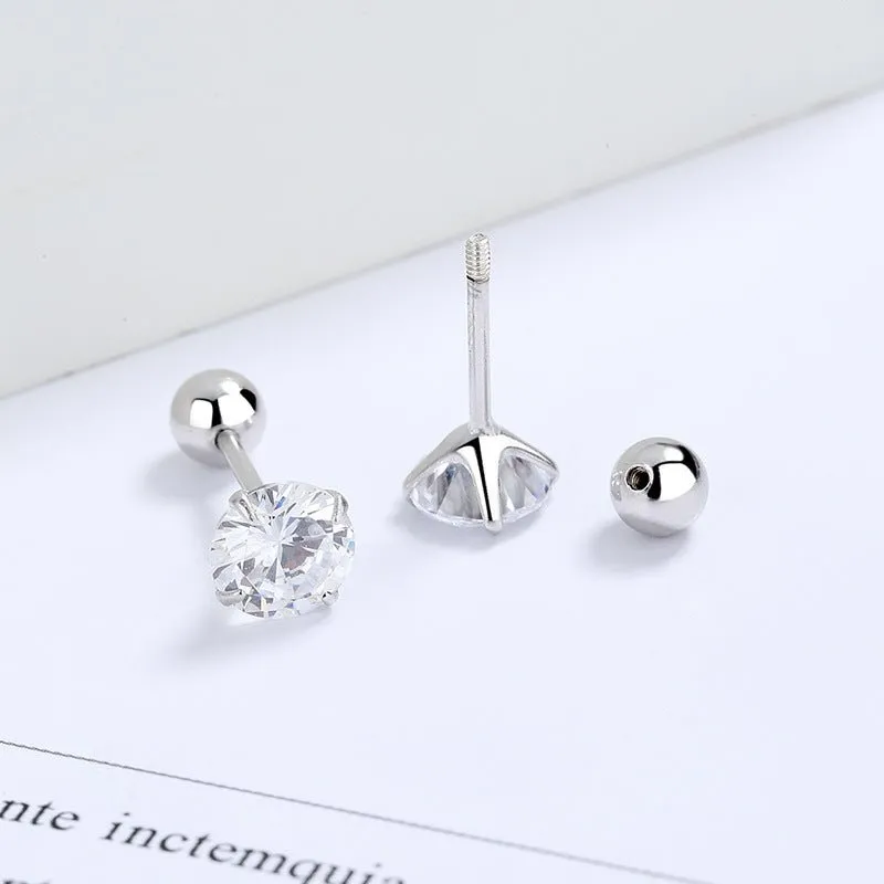 Sterling Silver and Zircon Four-claw Stud Earrings with Screw Backs