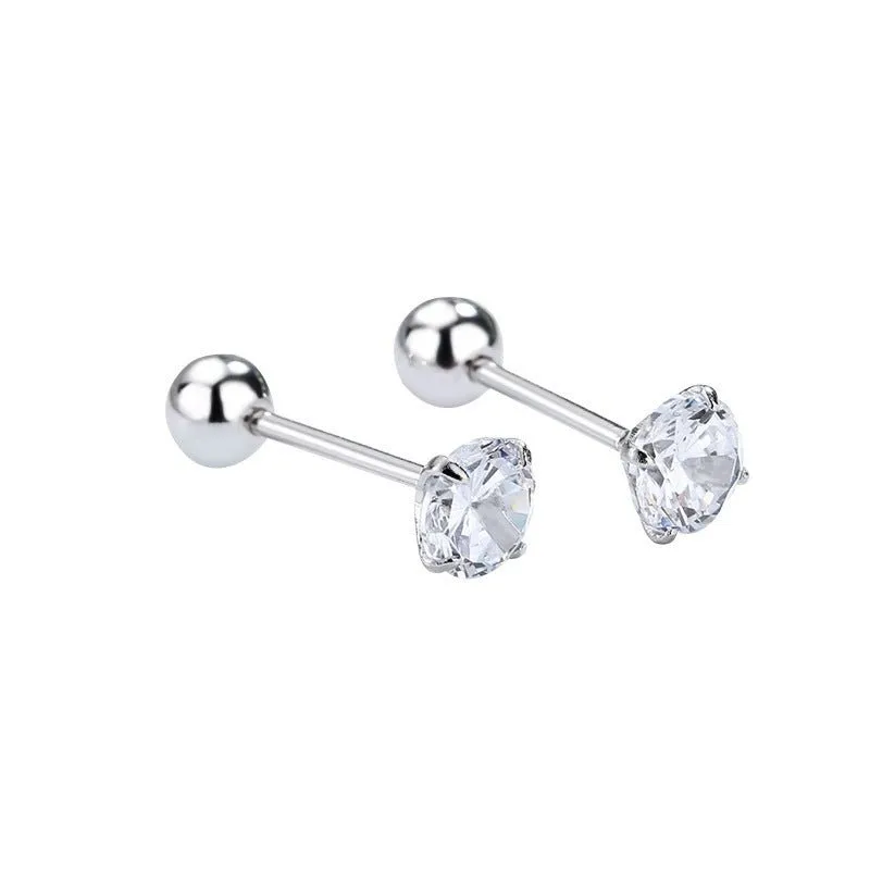 Sterling Silver and Zircon Four-claw Stud Earrings with Screw Backs
