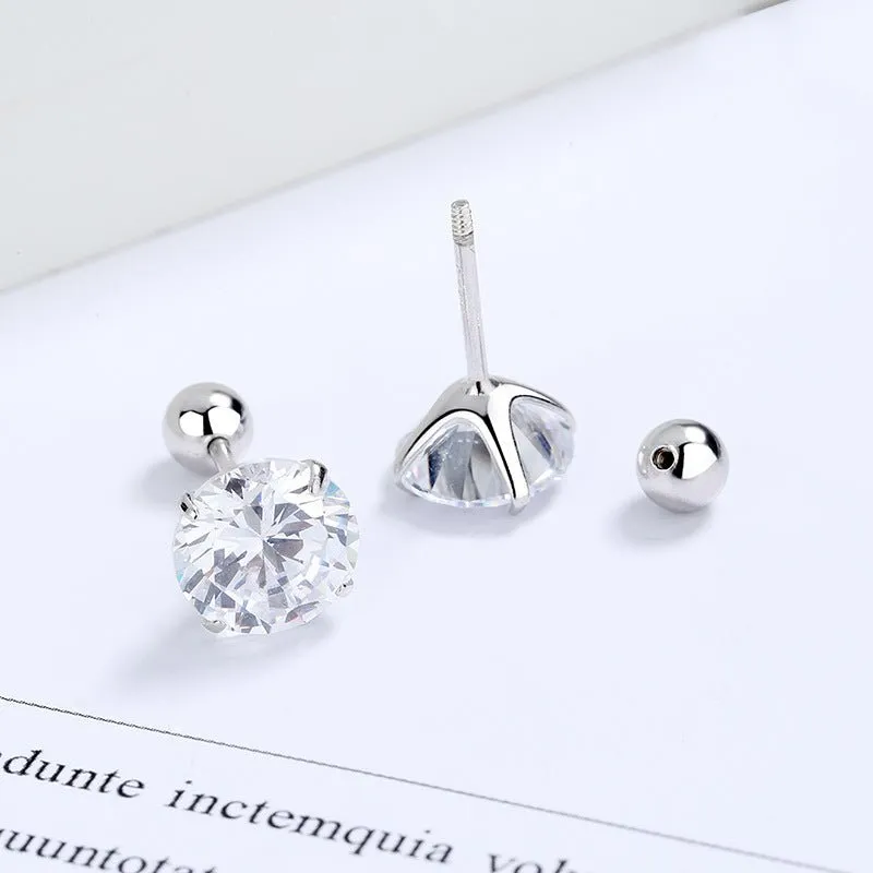 Sterling Silver and Zircon Four-claw Stud Earrings with Screw Backs