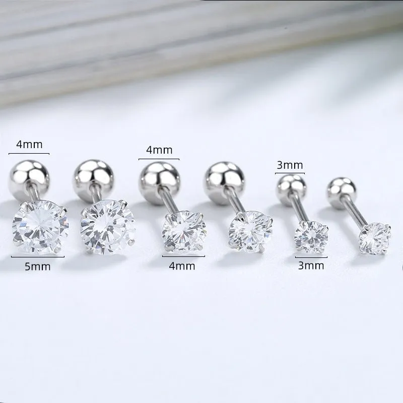 Sterling Silver and Zircon Four-claw Stud Earrings with Screw Backs