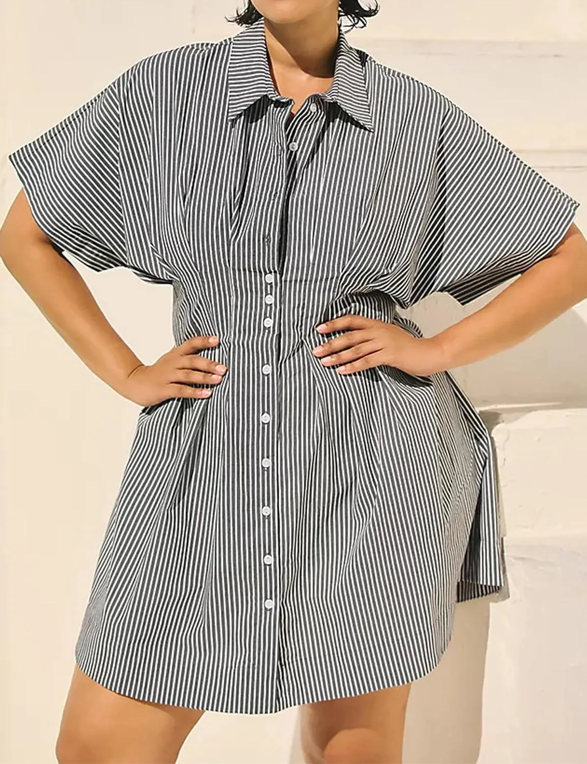 Summer Button Down Shirt Dress for Women Short Sleeve Pleated Mini Dresses Casual A Line Flowy Corset Short Dress