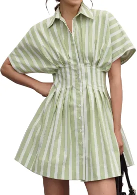 Summer Button Down Shirt Dress for Women Short Sleeve Pleated Mini Dresses Casual A Line Flowy Corset Short Dress