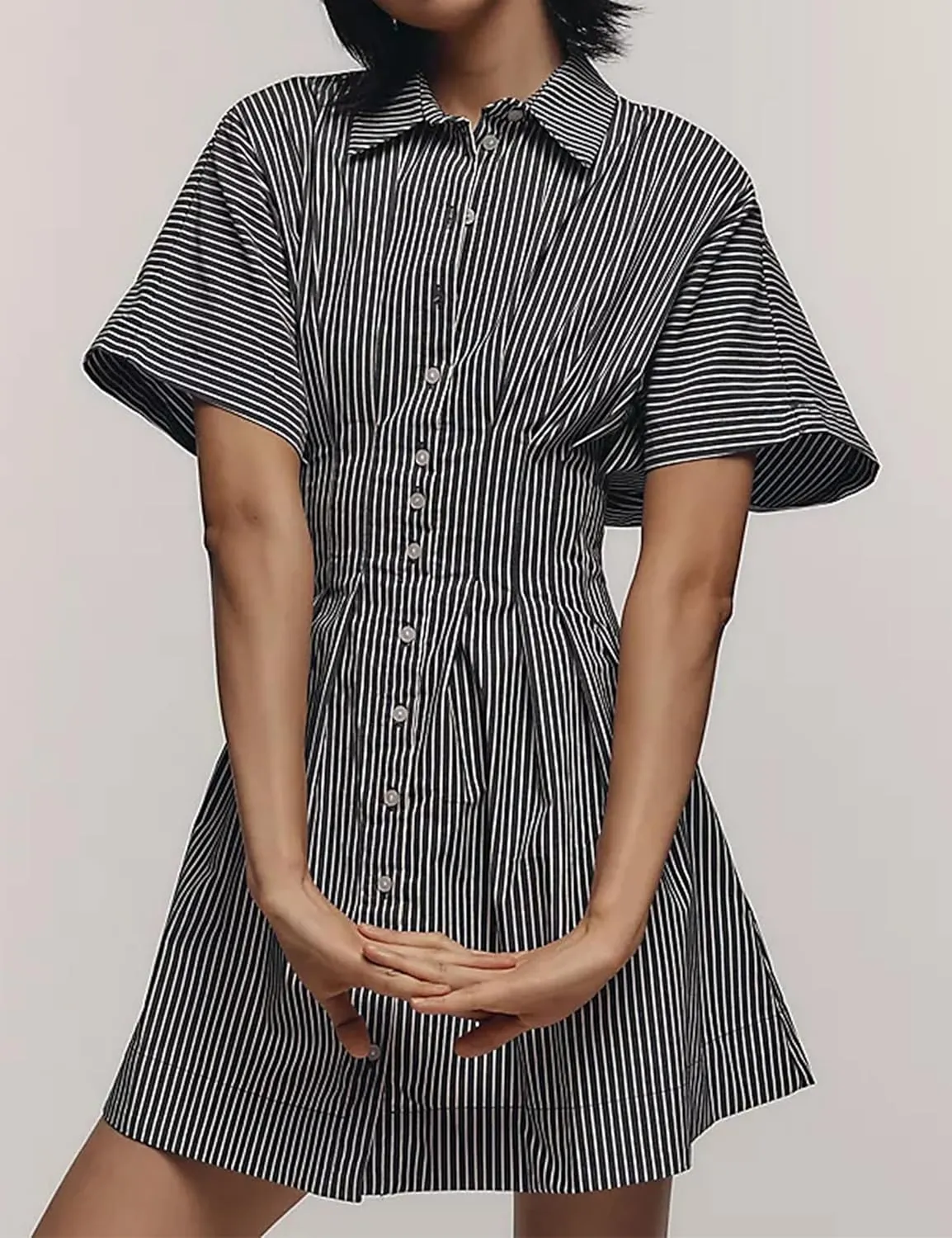 Summer Button Down Shirt Dress for Women Short Sleeve Pleated Mini Dresses Casual A Line Flowy Corset Short Dress