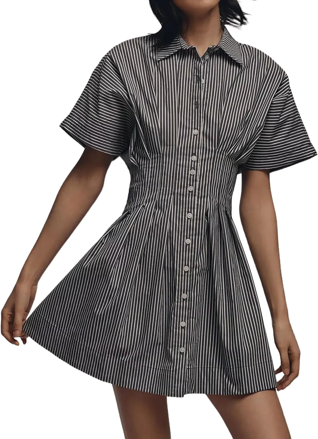 Summer Button Down Shirt Dress for Women Short Sleeve Pleated Mini Dresses Casual A Line Flowy Corset Short Dress