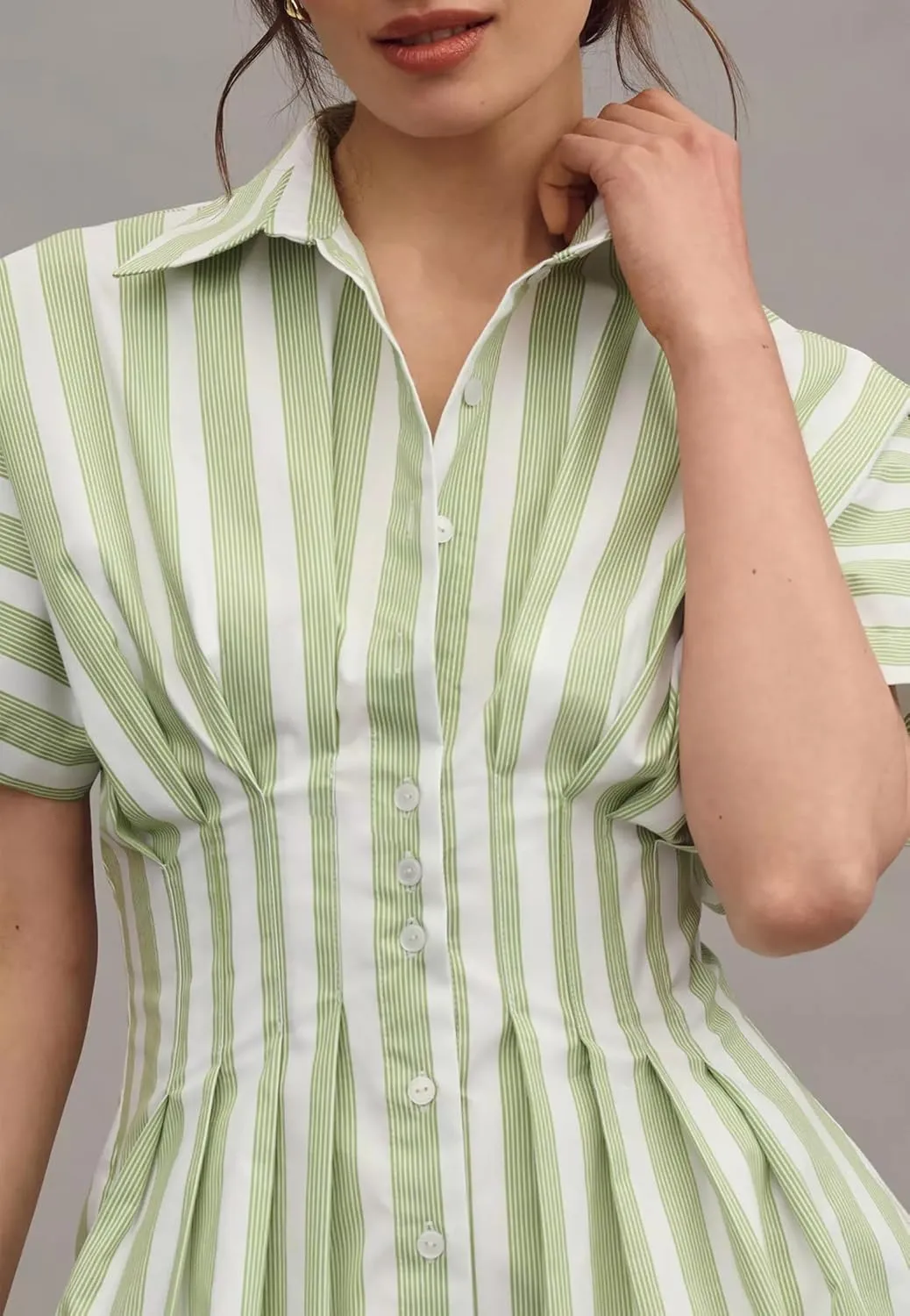 Summer Button Down Shirt Dress for Women Short Sleeve Pleated Mini Dresses Casual A Line Flowy Corset Short Dress