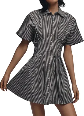 Summer Button Down Shirt Dress for Women Short Sleeve Pleated Mini Dresses Casual A Line Flowy Corset Short Dress