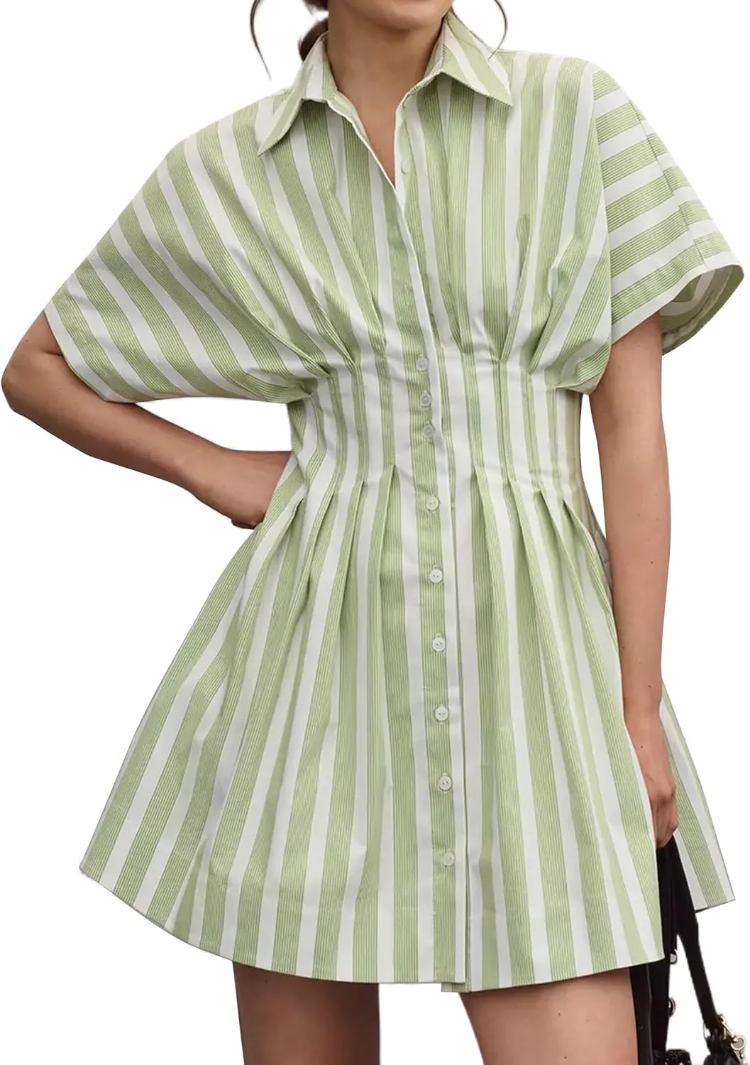 Summer Button Down Shirt Dress for Women Short Sleeve Pleated Mini Dresses Casual A Line Flowy Corset Short Dress