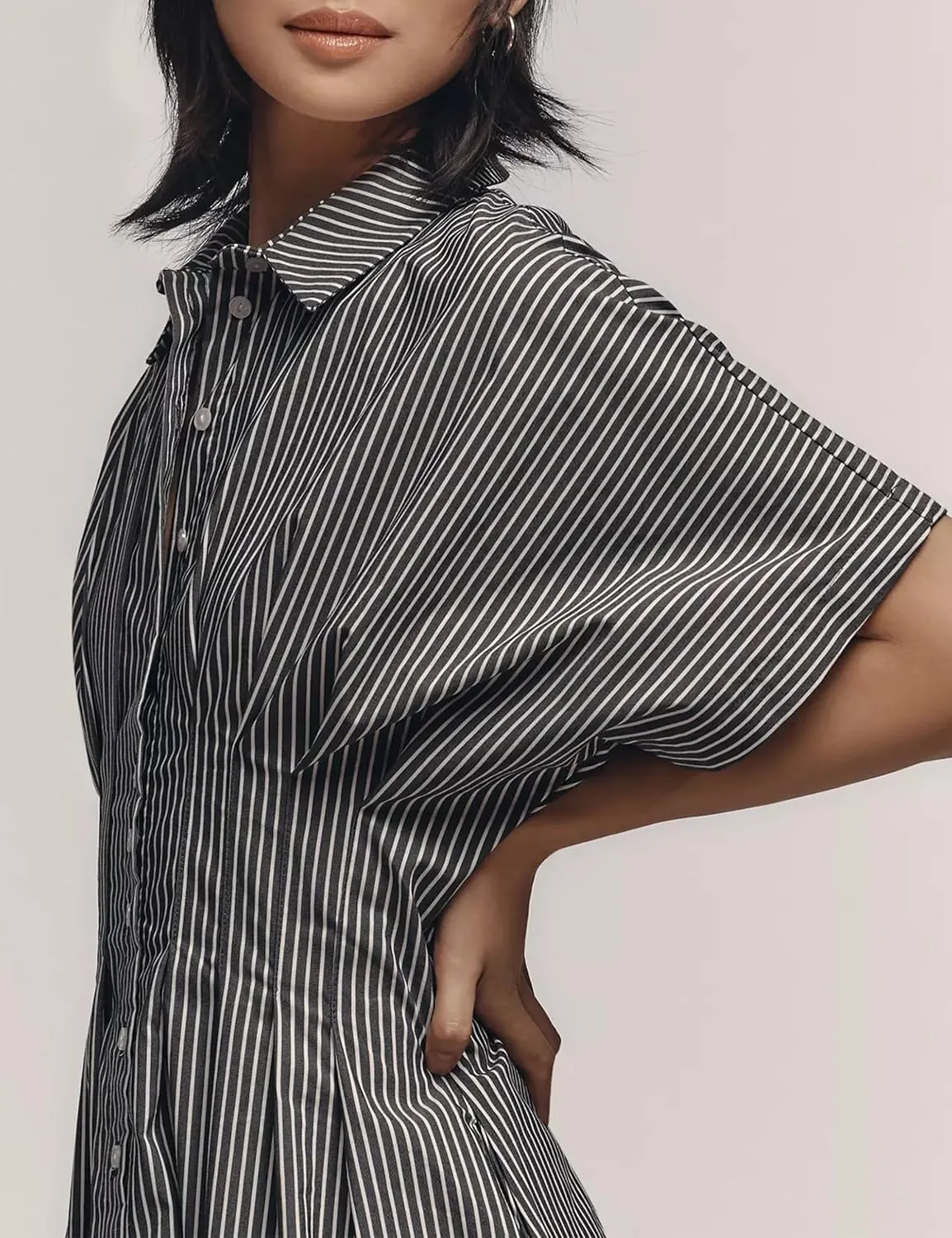 Summer Button Down Shirt Dress for Women Short Sleeve Pleated Mini Dresses Casual A Line Flowy Corset Short Dress