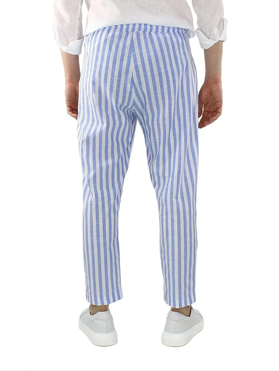 WABEOR Striped Pants for Men Cotton Linen Loose Fit Straight Trousers Breathable Casual Elastic Waist Drawstring Lounge Pants