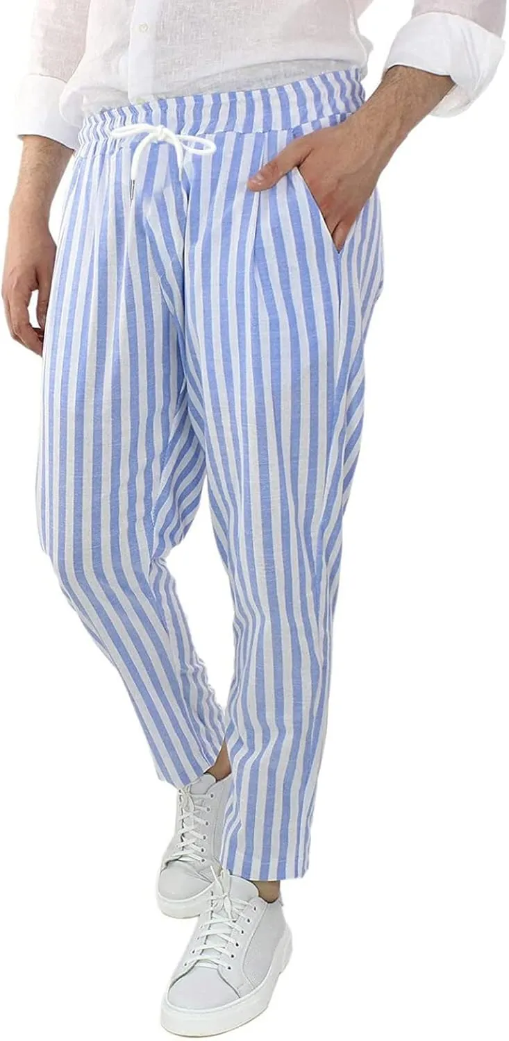 WABEOR Striped Pants for Men Cotton Linen Loose Fit Straight Trousers Breathable Casual Elastic Waist Drawstring Lounge Pants