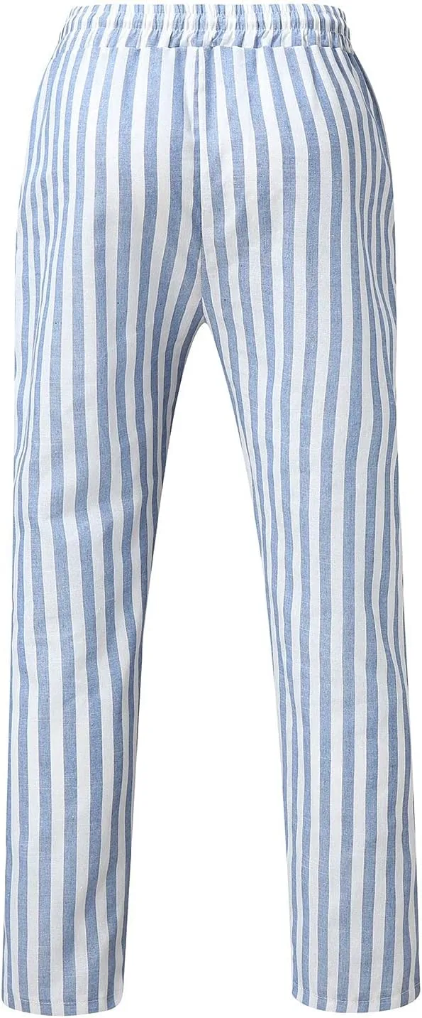 WABEOR Striped Pants for Men Cotton Linen Loose Fit Straight Trousers Breathable Casual Elastic Waist Drawstring Lounge Pants