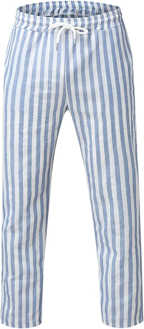 WABEOR Striped Pants for Men Cotton Linen Loose Fit Straight Trousers Breathable Casual Elastic Waist Drawstring Lounge Pants