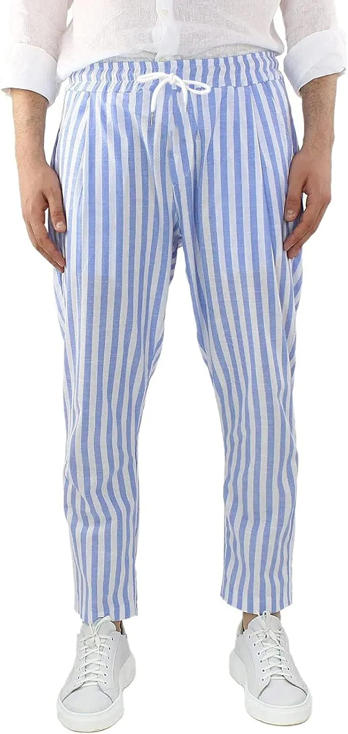 WABEOR Striped Pants for Men Cotton Linen Loose Fit Straight Trousers Breathable Casual Elastic Waist Drawstring Lounge Pants