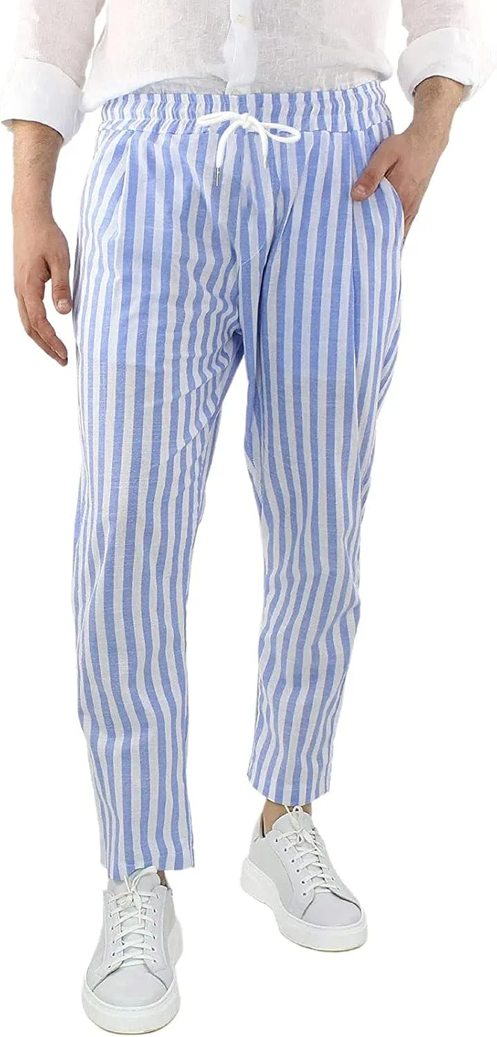 WABEOR Striped Pants for Men Cotton Linen Loose Fit Straight Trousers Breathable Casual Elastic Waist Drawstring Lounge Pants