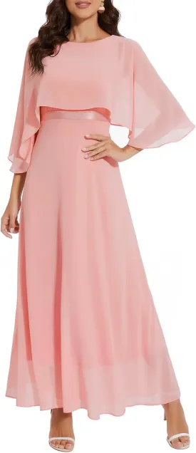 Women Sleeveless Cape Dress with Chiffon Overlay Lace Wedding Guest Cocktail Party Gowns Dress