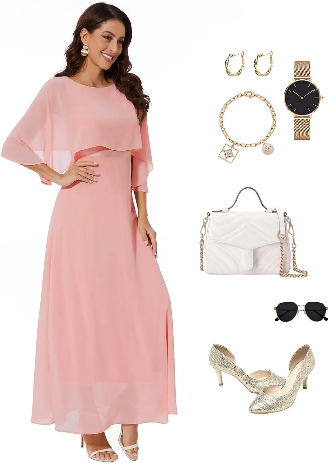 Women Sleeveless Cape Dress with Chiffon Overlay Lace Wedding Guest Cocktail Party Gowns Dress